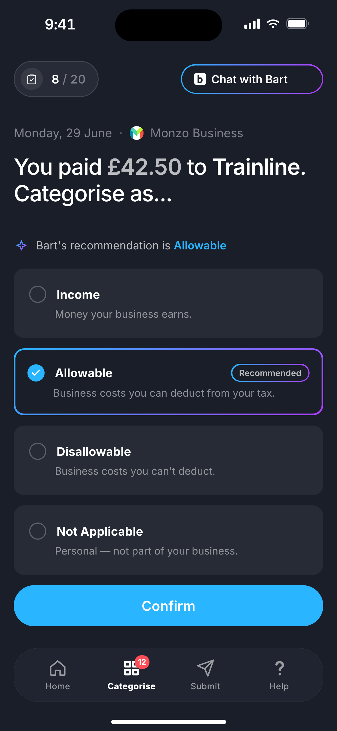 Bart app, categorising a transaction with an AI-recommended category