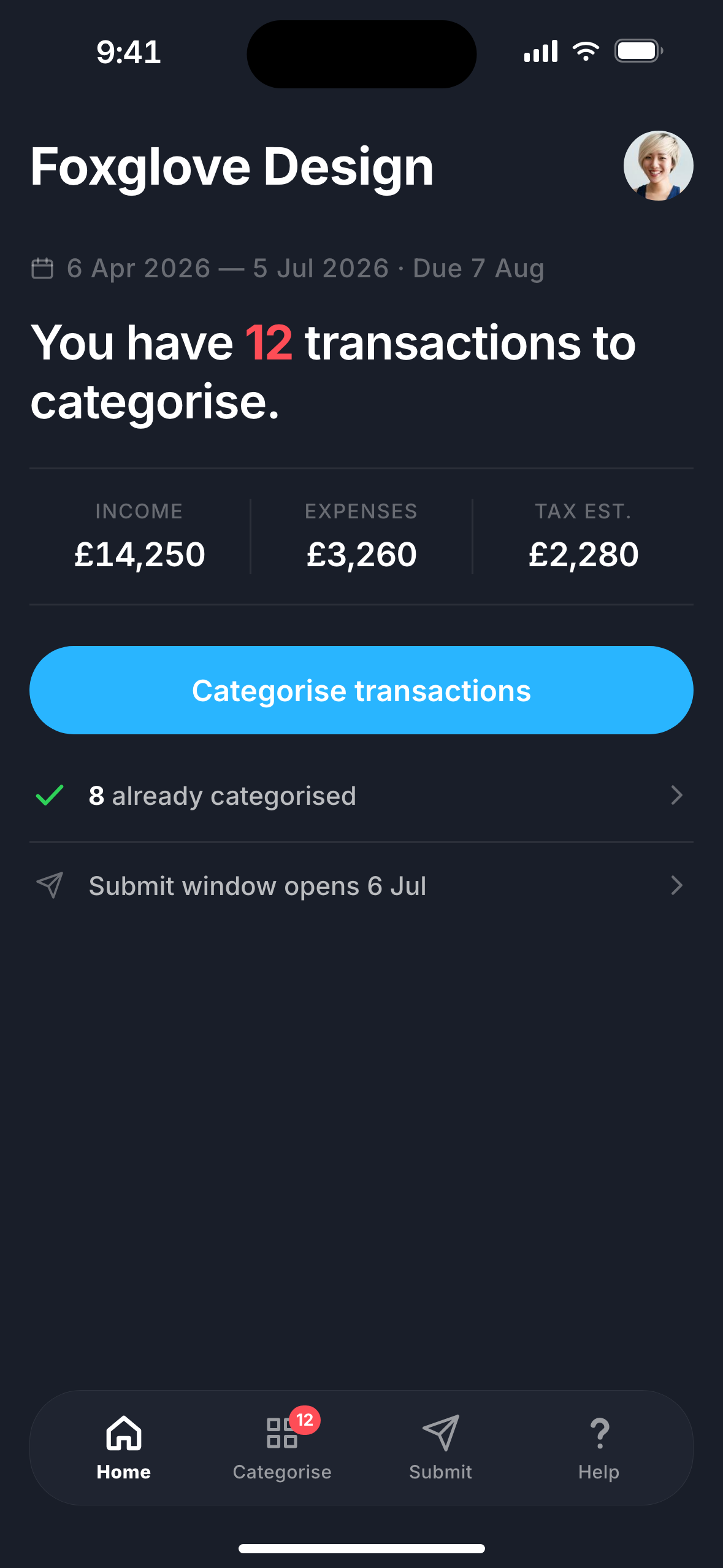 Bart app, home overview with the current tax period and days left until end of quarter
