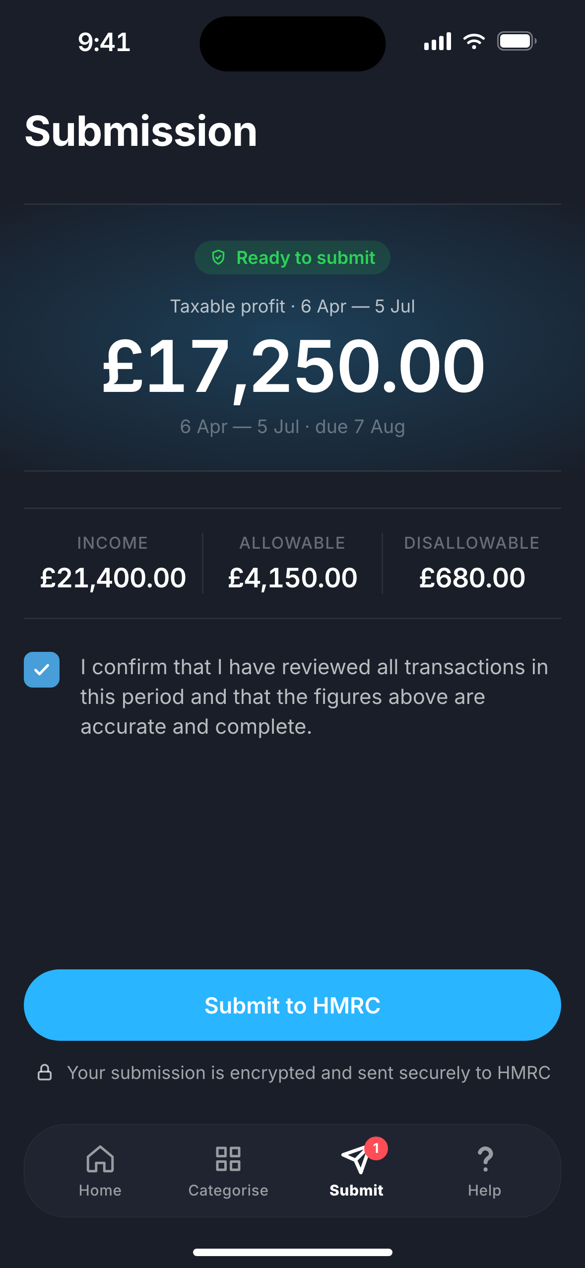 Bart app, quarterly submission summary ready to submit to HMRC